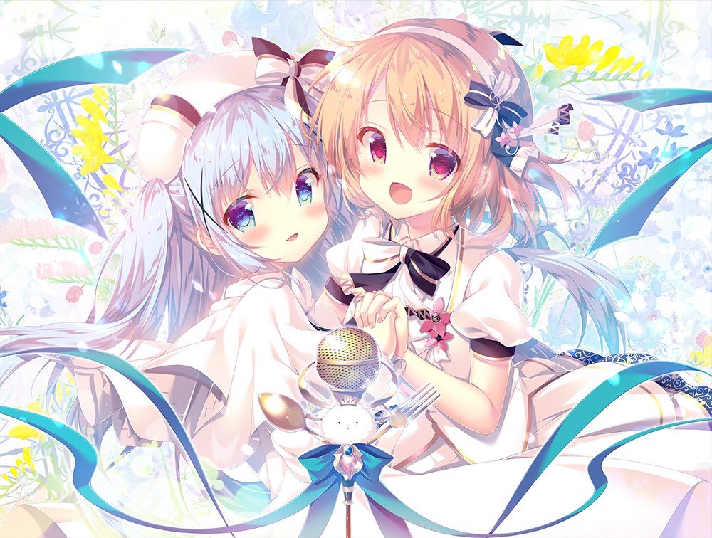 2girls blue_eyes blue_hair blush brown_hair fork gochuumon_wa_usagi_desu_ka? hat holding_hands hoto_cocoa kafuu_chino long_hair looking_at_viewer medium_hair microphone mitsumomo_mamu multiple_girls open_mouth pink_eyes puffy_short_sleeves puffy_sleeves short_sleeves smile spoon tippy_(gochiusa) white_headwear