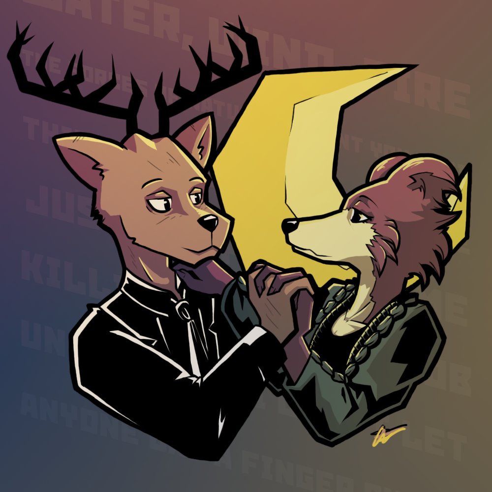 2019 anthro antlers beastars bestteamaker brown_body brown_fur canid canine canis cervid clothed clothing duo female fur hand_holding hand_on_shoulder horn juno_(beastars) looking_at_another louis_(beastars) male male/female mammal multicolored_body multicolored_fur two_tone_body two_tone_fur wolf