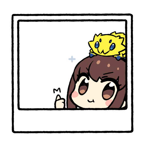 1girl :t blush_stickers brown_hair chan_co chibi fate/extra fate_(series) gen_5_pokemon joltik lowres on_head photo_(object) pokemon polaroid thumbs_up white_background