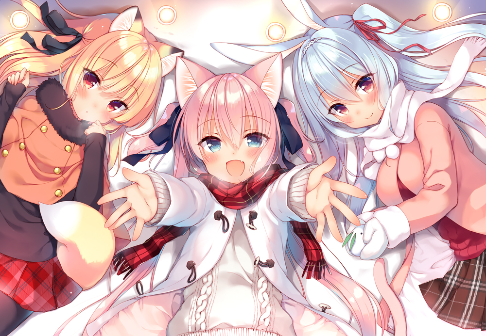3girls :d animal_ear_fluff animal_ears aran_sweater bangs black_legwear black_ribbon black_shirt blonde_hair blue_eyes blush breath brown_skirt cat_ears cat_girl cat_tail closed_mouth commentary_request eyebrows_visible_through_hair fang fox_ears fox_girl fox_tail fringe_trim hair_between_eyes hair_ribbon holding jacket long_hair long_sleeves looking_at_viewer lying mittens multiple_girls on_back open_mouth original outstretched_arms pantyhose pink_hair pink_jacket plaid plaid_scarf plaid_skirt pleated_skirt rabbit_ears red_eyes red_ribbon red_scarf red_skirt red_sweater ribbed_sweater ribbon sazaki_ichiri scarf shirt silver_hair skirt sleeves_past_wrists smile snow_bunny sweater tail two_side_up unmoving_pattern very_long_hair white_coat white_mittens white_scarf white_sweater