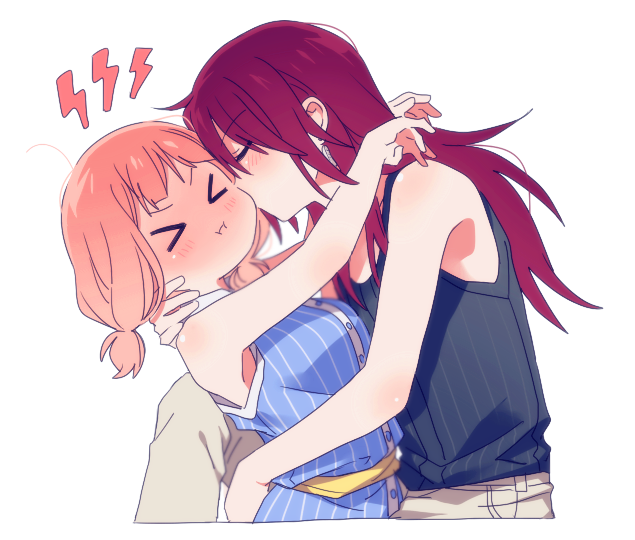 &gt;_&lt; 2girls :i ahoge bang_dream! bangs beige_pants black_tank_top blue_dress blush cheek_kiss closed_eyes dress full-face_blush hug kiss lightning_bolt long_hair multiple_girls one_knee pants pink_hair pout re_ghotion redhead sash slacks sleeveless sleeveless_dress striped twintails u_u udagawa_tomoe uehara_himari vertical-striped_dress vertical_stripes yuri