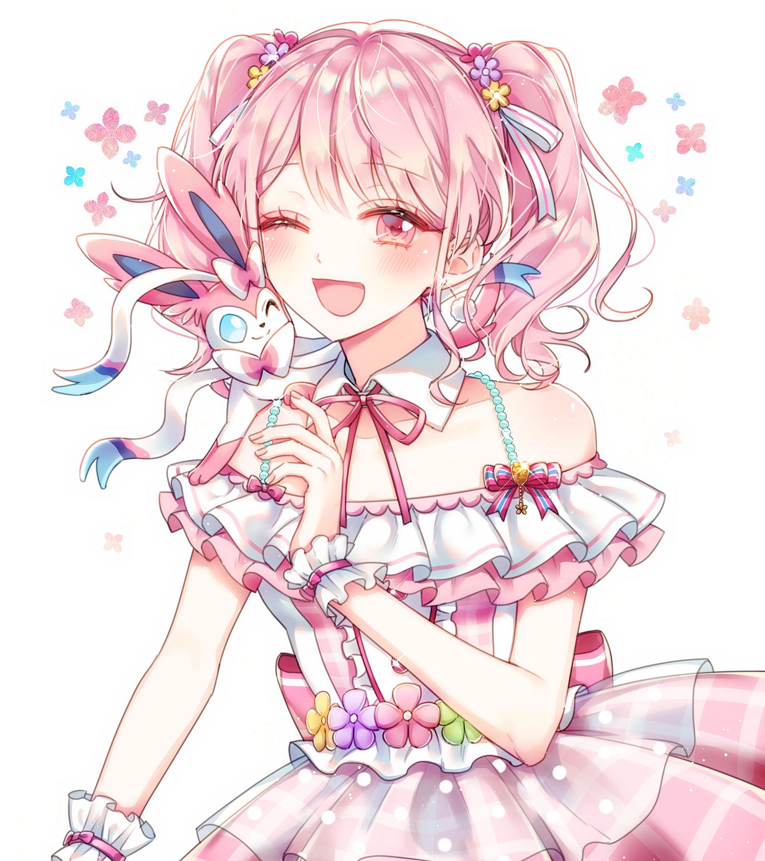 1girl ;d back_bow bang_dream! bangs blue_eyes blush bow center_frills commentary_request crossover detached_collar dress flower frilled_cuffs frilled_dress frills hair_flower hair_ornament hair_ribbon highres korean_commentary maruyama_aya neck_ribbon one_eye_closed open_mouth pink_bow pink_dress pink_eyes pink_flower pink_hair pink_ribbon pokemon pokemon_(creature) pokemon_on_shoulder pom_pom_earrings purple_flower ribbon sidelocks smile solo striped striped_ribbon sylveon ttori twintails wrist_cuffs yellow_flower