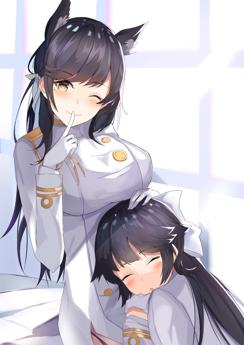 2girls animal_ears atago_(azur_lane) azur_lane backlighting bangs black_hair blush breasts commentary_request dog_ears epaulettes eyebrows_visible_through_hair finger_to_mouth garter_straps gloves hair_ribbon hand_on_another's_head indoors jacket kaki_tsubata lap_pillow large_breasts long_hair long_sleeves military military_uniform mole mole_under_eye multiple_girls one_eye_closed ponytail ribbon siblings sidelocks sisters smile sunlight swept_bangs takao_(azur_lane) uniform white_gloves white_jacket white_ribbon window wolf_ears yellow_eyes