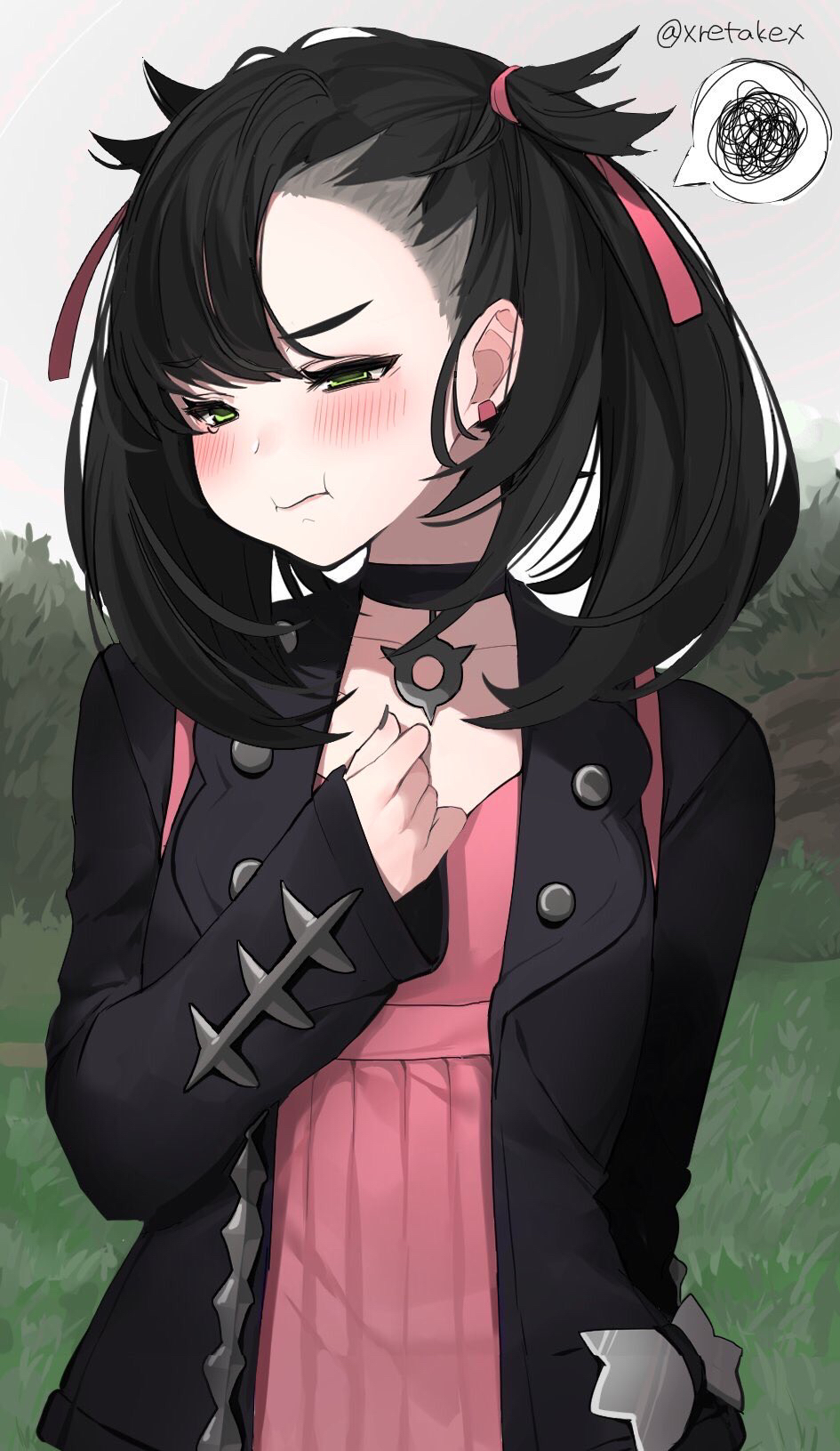 1girl :i arm_behind_back asymmetrical_bangs bangs black_choker black_hair black_jacket black_nails blush choker closed_mouth collarbone dress earrings grass green_eyes hair_ribbon half-closed_eyes hand_on_own_chest highres jacket jewelry long_hair long_sleeves mary_(pokemon) nail_polish open_clothes open_jacket outdoors pink_dress pokemon pokemon_(game) pokemon_swsh red_ribbon ribbon solo speech_bubble spoken_squiggle squiggle twintails twitter_username upper_body v-shaped_eyebrows xretakex