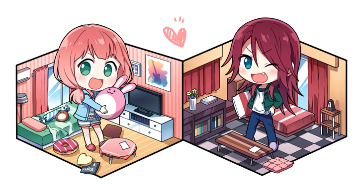 2girls ;d bang_dream! bangs bed bedroom blue_eyes blue_jacket blue_pants checkered checkered_floor chibi curtains fang flower green_eyes green_jacket heart hood hood_down hooded_jacket isometric jacket lamp long_hair metronome multiple_girls one_eye_closed open_mouth pants paper pillow pink_footwear pink_hair poster_(object) purple_footwear re_ghotion redhead shirt slippers smile standing stuffed_animal stuffed_bunny stuffed_toy table television twintails udagawa_tomoe uehara_himari v-shaped_eyebrows vase white_shirt window