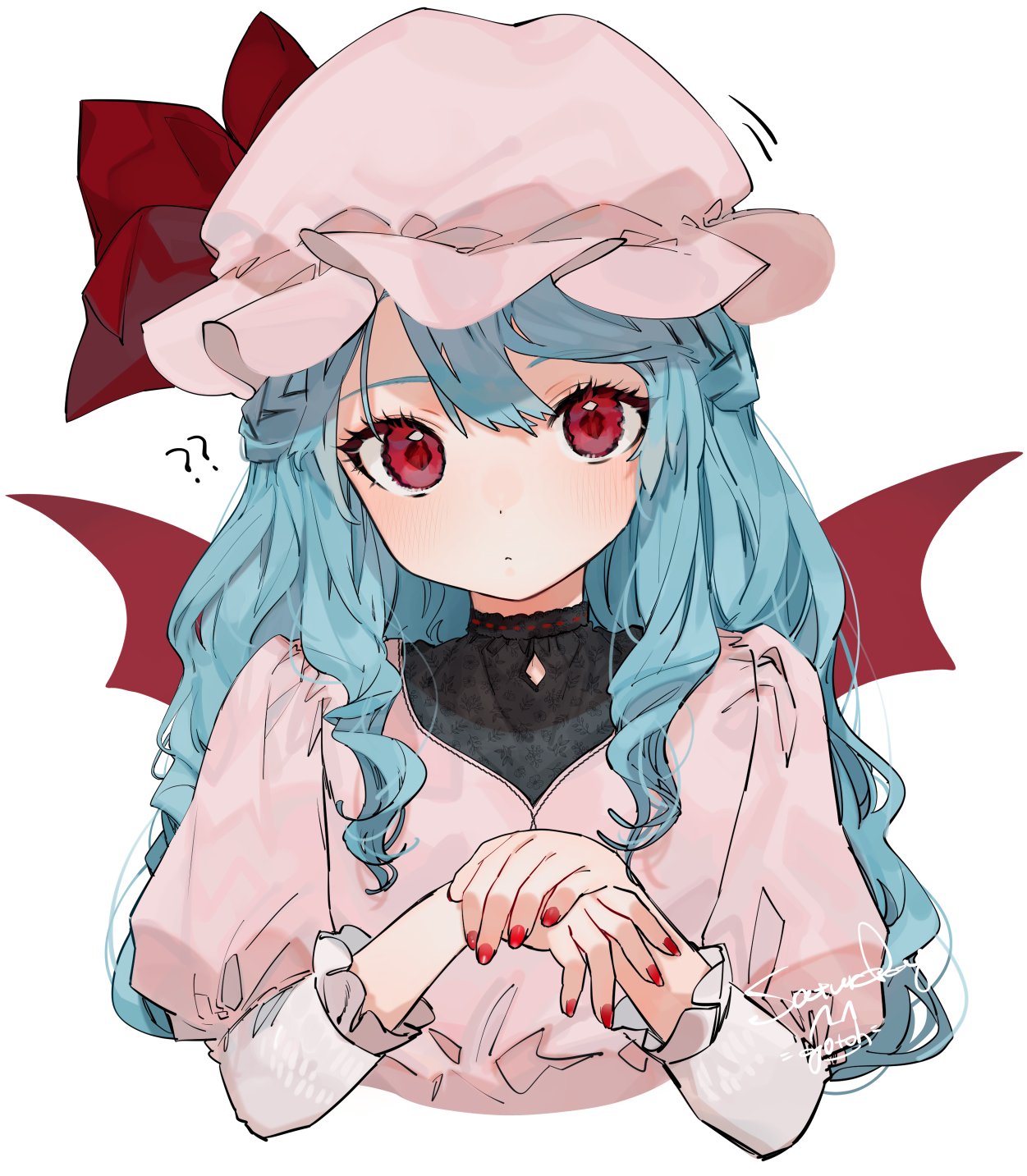 1girl ?? alternate_hair_length alternate_hairstyle artist_name bangs bat_wings blue_hair blush bow commentary_request cropped_torso dress gotoh510 hat hat_bow highres juliet_sleeves long_hair long_sleeves looking_at_viewer mob_cap nail_polish own_hands_together pink_dress pink_headwear puffy_sleeves red_bow red_eyes red_nails remilia_scarlet signature simple_background solo touhou upper_body white_background wings