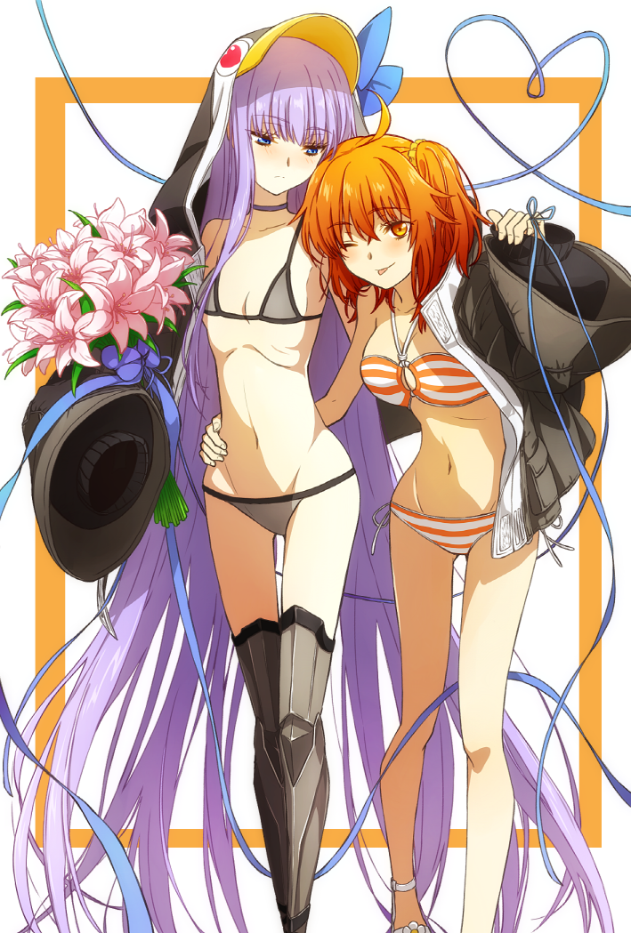 2girls ahoge animal_costume animal_hood armored_boots bikini blue_choker blue_eyes blue_ribbon board_game boots border breasts choker commentary_request fate/grand_order fate_(series) flat_chest flower fujimaru_ritsuka_(female) go greaves grey_bikini hair_ornament hair_scrunchie hood lily_(flower) meltryllis multiple_girls oiun one_side_up orange_border orange_eyes orange_hair penguin_costume penguin_hood purple_hair revealing_clothes ribbon scrunchie side_ponytail sleeves_past_fingers sleeves_past_wrists small_breasts striped striped_bikini swimsuit tongue tongue_out white_background yuri