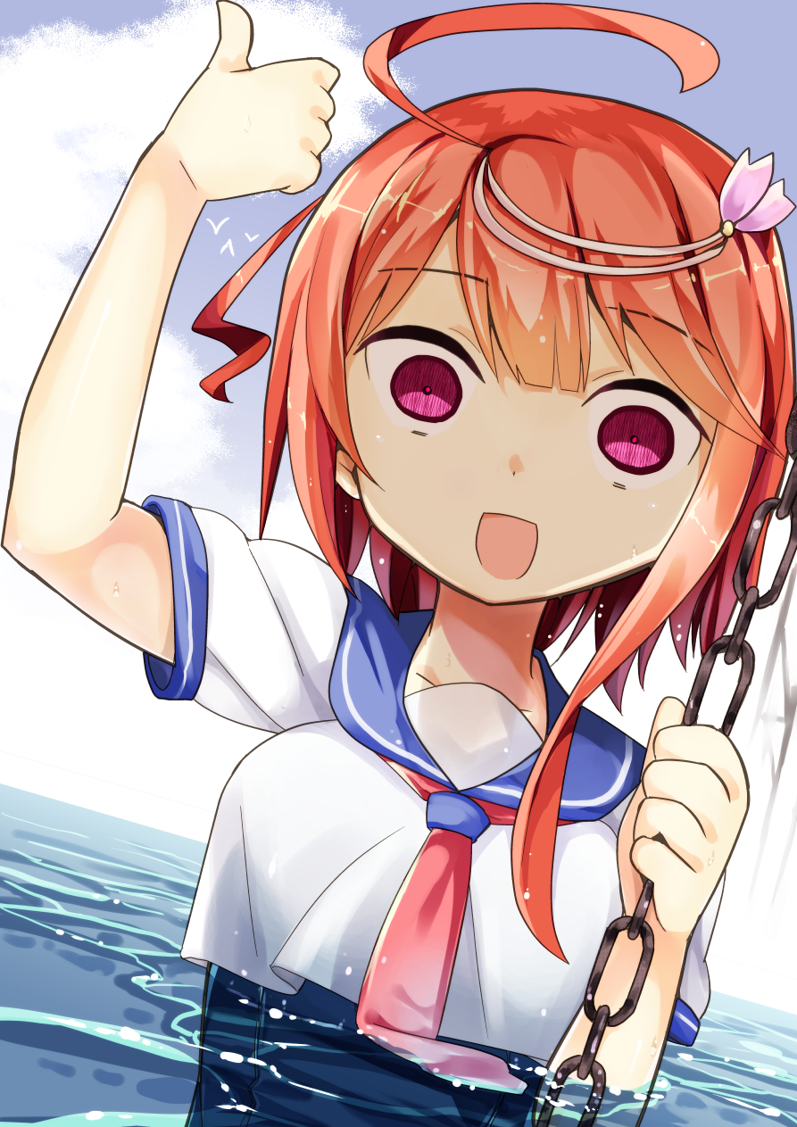 1girl ahoge asymmetrical_hair bangs bird breasts chain clouds empty_eyes eyebrows_visible_through_hair hair_ornament highres holding i-58_(kantai_collection) kantai_collection medium_hair neckerchief ocean open_mouth outdoors partially_submerged pink_eyes pink_neckwear redhead sailor_collar school_swimsuit shiyoo short_sleeves sky solo swimsuit swimsuit_under_clothes thumbs_up water