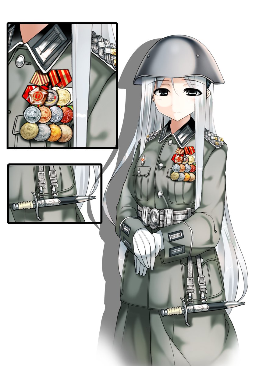 1girl artist_request commentary_request gloves helmet highres long_hair looking_at_viewer medal military military_uniform source_request uniform very_long_hair white_gloves white_hair