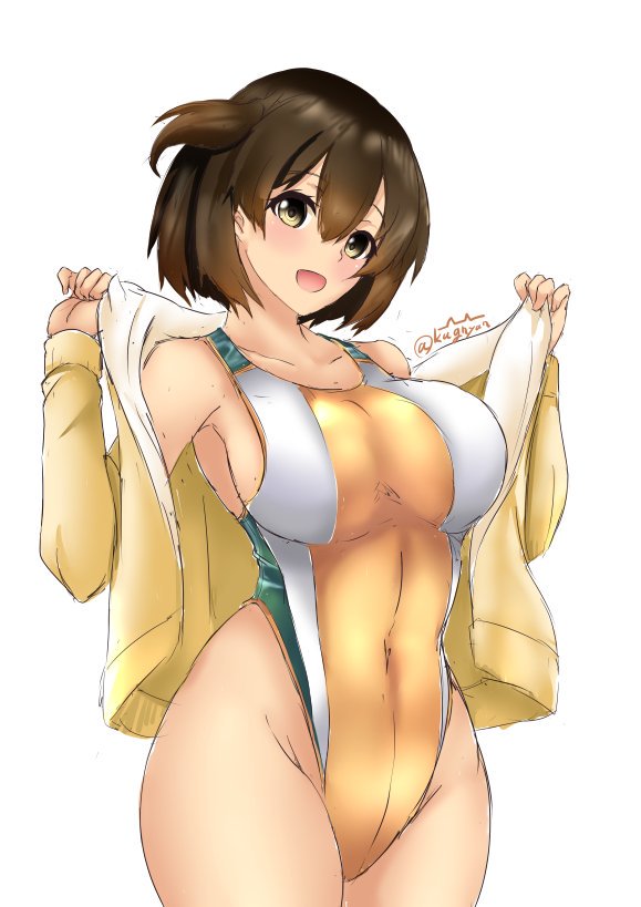 1girl adapted_costume blush breasts brown_hair collarbone competition_swimsuit covered_navel cowboy_shot eyebrows_visible_through_hair hair_between_eyes highleg highleg_swimsuit hiryuu_(kantai_collection) holding holding_jacket jacket kantai_collection kuga_zankurou large_breasts long_sleeves looking_at_viewer one-piece_swimsuit one_side_up open_clothes open_jacket open_mouth short_hair side_ponytail simple_background smile solo standing swimsuit swimsuit_under_clothes track_jacket twitter_username white_background wide_hips yellow_swimsuit