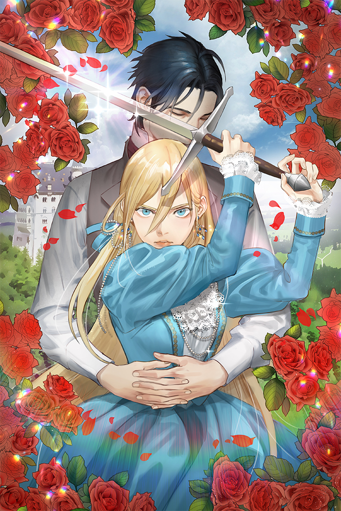 1boy 1girl black_hair blonde_hair blue_dress blue_eyes blue_ribbon blue_sky building closed_eyes day dress earrings flower frills glint hair_between_eyes hair_ribbon hands_together hetero holding holding_sword holding_weapon hug hug_from_behind interlocked_fingers jewelry juliet_sleeves kkulppangg long_hair long_sleeves looking_at_viewer original puffy_sleeves ribbon sky standing sword very_long_hair weapon