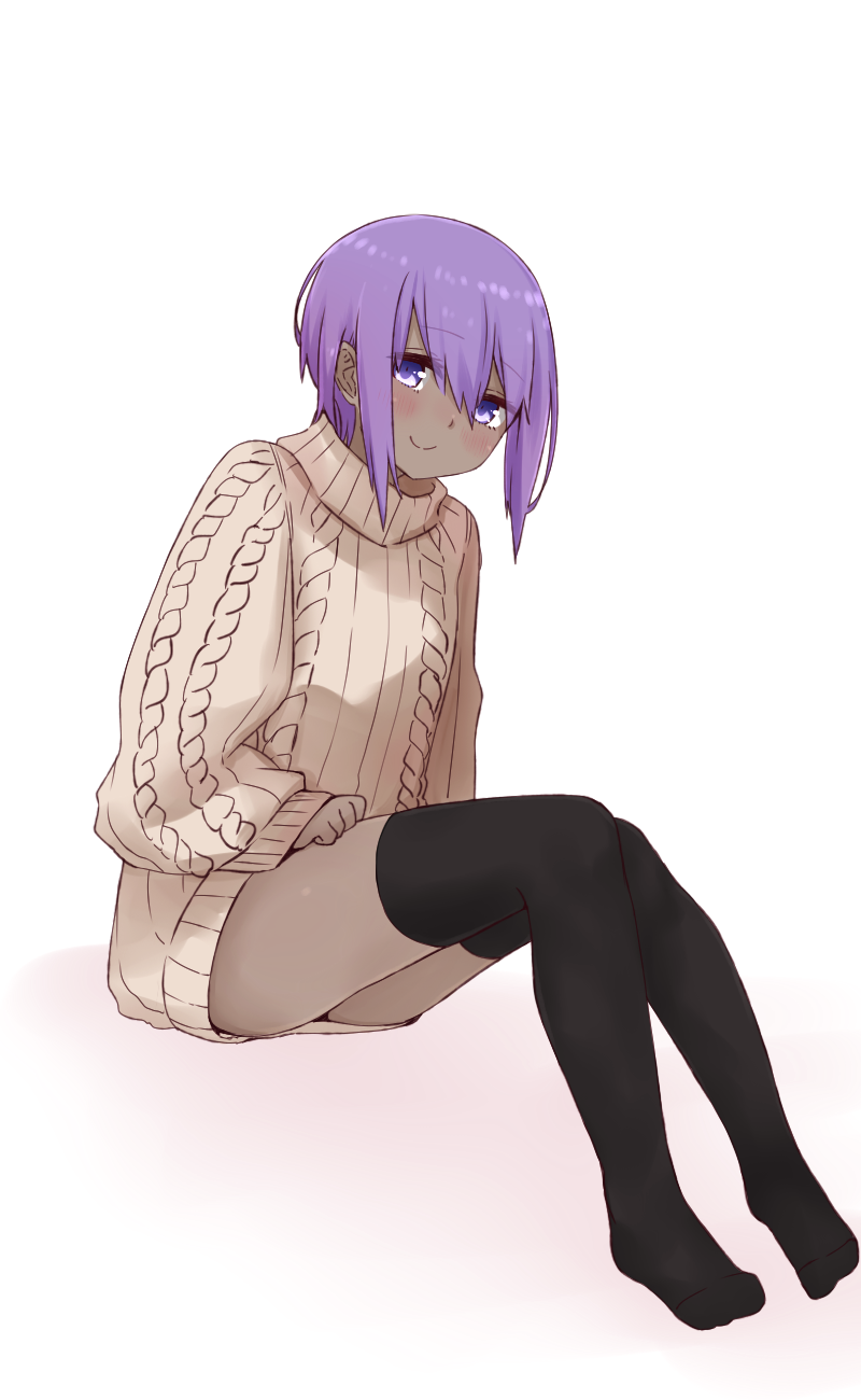 1girl aran_sweater bangs black_legwear blush brown_sweater closed_mouth dark_skin eyebrows_visible_through_hair fate/prototype fate/prototype:_fragments_of_blue_and_silver fate_(series) full_body hair_between_eyes hassan_of_serenity_(fate) highres i.u.y long_sleeves looking_at_viewer no_shoes puffy_long_sleeves puffy_sleeves purple_hair ribbed_sweater sitting sleeves_past_wrists smile solo sweater thigh-highs violet_eyes white_background