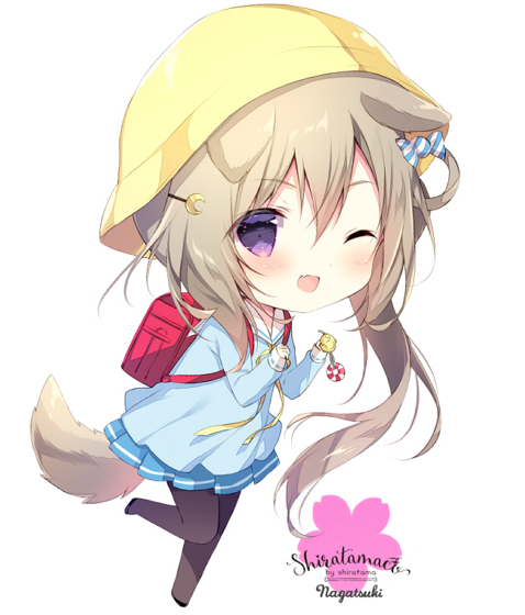 1girl ;d animal_ears azur_lane backpack bag bangs black_footwear black_legwear blue_shirt blue_skirt brown_hair commentary_request crescent crescent_hair_ornament crime_prevention_buzzer dog_ears dog_girl dog_tail eyebrows_visible_through_hair full_body hair_between_eyes hair_ornament hairclip hat holding kindergarten_uniform long_hair long_sleeves looking_at_viewer nagatsuki_(azur_lane) one_eye_closed open_mouth pantyhose pleated_skirt randoseru sailor_collar school_hat shiratama_(shiratamaco) shirt simple_background skirt sleeves_past_wrists smile solo standing standing_on_one_leg tail very_long_hair violet_eyes white_background white_sailor_collar yellow_headwear