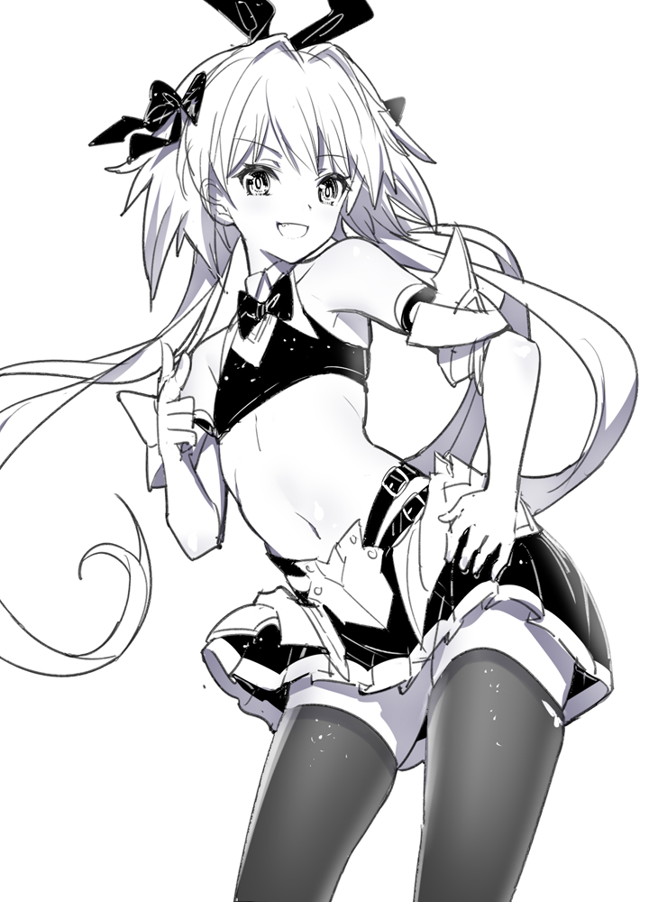 1boy alternate_legwear astolfo_(fate) astolfo_(saber)_(fate) bangs bare_shoulders belt black_bow black_neckwear black_ribbon black_shirt black_skirt bow bowtie crop_top fang fate/grand_order fate_(series) faulds greyscale hair_between_eyes hair_bow hair_intakes hair_ribbon hand_on_hip long_hair long_sleeves looking_at_viewer low_twintails midriff monochrome navel open_mouth otoko_no_ko pleated_skirt pointing ribbon ririko_(zhuoyandesailaer) shirt simple_background skirt smile solo thigh-highs thighs twintails white_background wide_sleeves wing_collar