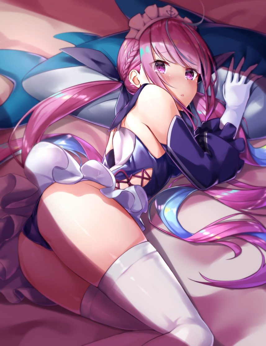 1girl adapted_costume ahoge ass azur_lane bare_shoulders blue_hair braid breasts commentary_request detached_sleeves gloves hololive long_hair long_sleeves looking_at_viewer lying minato_aqua multicolored_hair on_side one-piece_swimsuit parted_lips pillow purple_hair purple_swimsuit shimo_(shimo332215) sidelocks small_breasts solo swimsuit thigh-highs twintails two-tone_hair very_long_hair violet_eyes virtual_youtuber white_gloves white_legwear