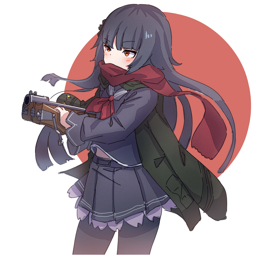 1girl bangs black_hair black_legwear black_skirt blunt_bangs eyebrows_visible_through_hair flag_background frills girls_frontline gun holding holding_gun holding_weapon jacket jacket_on_shoulders japanese_flag kuro_kosyou long_hair long_sleeves orange_eyes pantyhose pleated_skirt red_neckwear red_scarf red_sun sailor_collar scarf skirt solo submachine_gun type_100 type_100_(girls_frontline) weapon