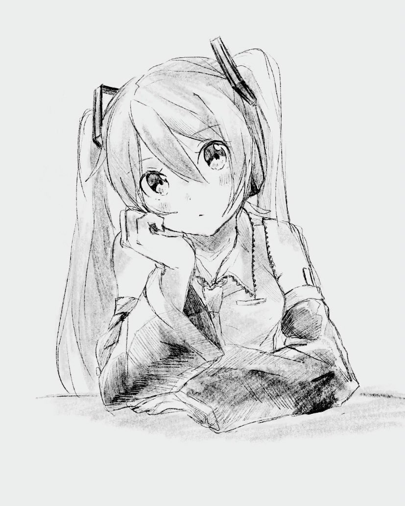 1girl bare_shoulders cheek_rest closed_mouth detached_sleeves expressionless greyscale hair_ornament hand_on_own_cheek hatsune_miku head_tilt headphones long_hair looking_at_viewer moko39_takasora monochrome necktie shirt shoulder_tattoo sitting sleeveless sleeveless_shirt smile solo tattoo twintails upper_body vocaloid