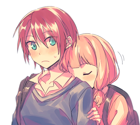 2girls alternate_hair_length alternate_hairstyle backpack bag bang_dream! bangs blue_eyes blue_shirt blush closed_eyes frown hands_on_another's_arms head_on_back low_twintails multiple_girls pink_hair pink_shirt re_ghotion shirt short_hair simple_background sweatdrop twintails u_u udagawa_tomoe uehara_himari upper_body white_background