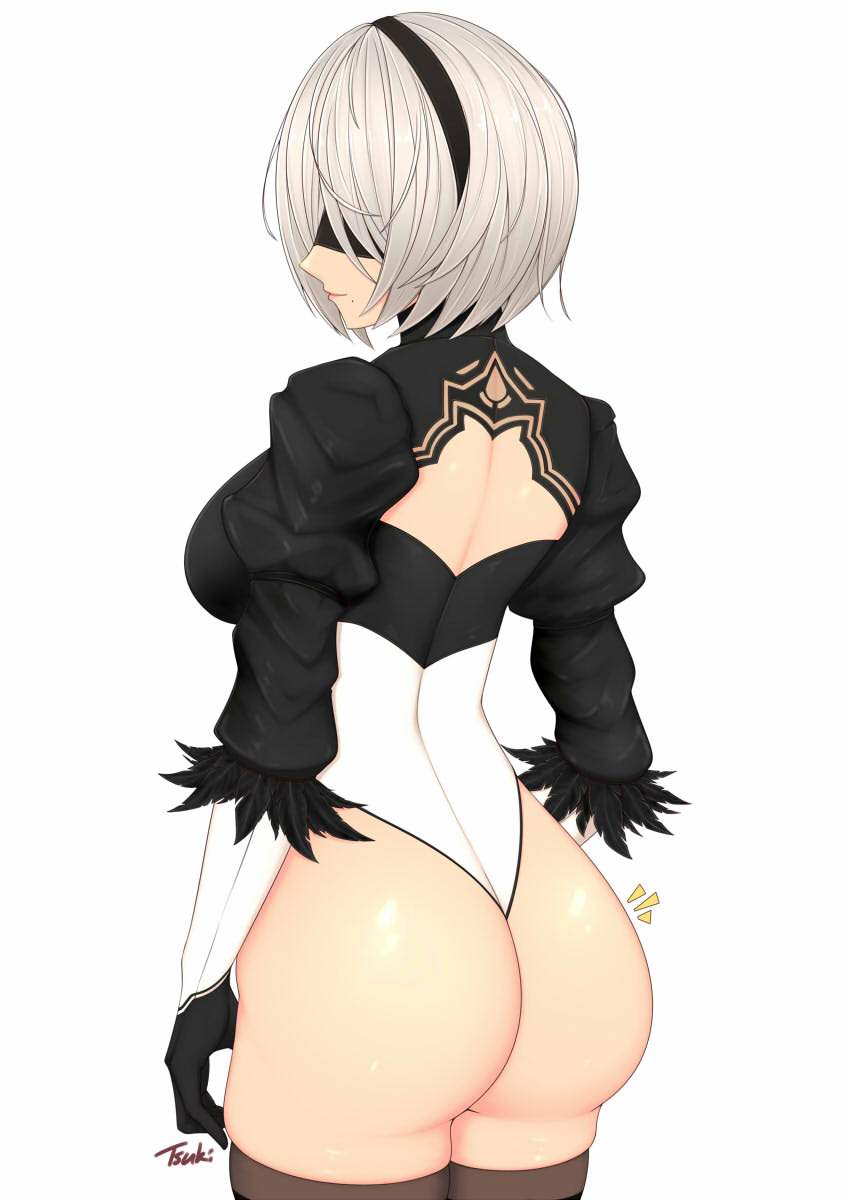 artist_name ass back black_blindfold black_headband blindfold breasts headband highres juliet_sleeves large_breasts legs_together leotard long_sleeves mole mole_under_mouth nier_(series) nier_automata parted_lips puffy_sleeves ryu_seung short_hair signature solo thigh-highs thighs thong_leotard white_hair white_leotard yorha_no._2_type_b