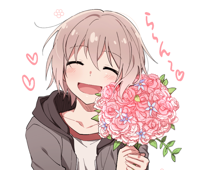 1girl :d ^_^ aoba_moca bang_dream! bouquet closed_eyes facing_viewer flower grey_hair grey_jacket heart holding holding_bouquet hood hood_down hooded_jacket jacket open_mouth pink_flower re_ghotion shirt short_hair simple_background smile solo upper_body white_background white_shirt