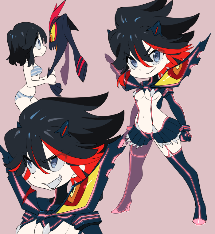 1girl black_hair blush boots bra breasts grin hair_between_eyes highlights hinshi_(user_xgtg4234) kill_la_kill looking_at_viewer matoi_ryuuko microskirt multicolored_hair navel panties pleated_skirt redhead revealing_clothes senketsu short_hair skirt smile streaked_hair striped striped_bra striped_panties suspenders thigh-highs thigh_boots under_boob underwear