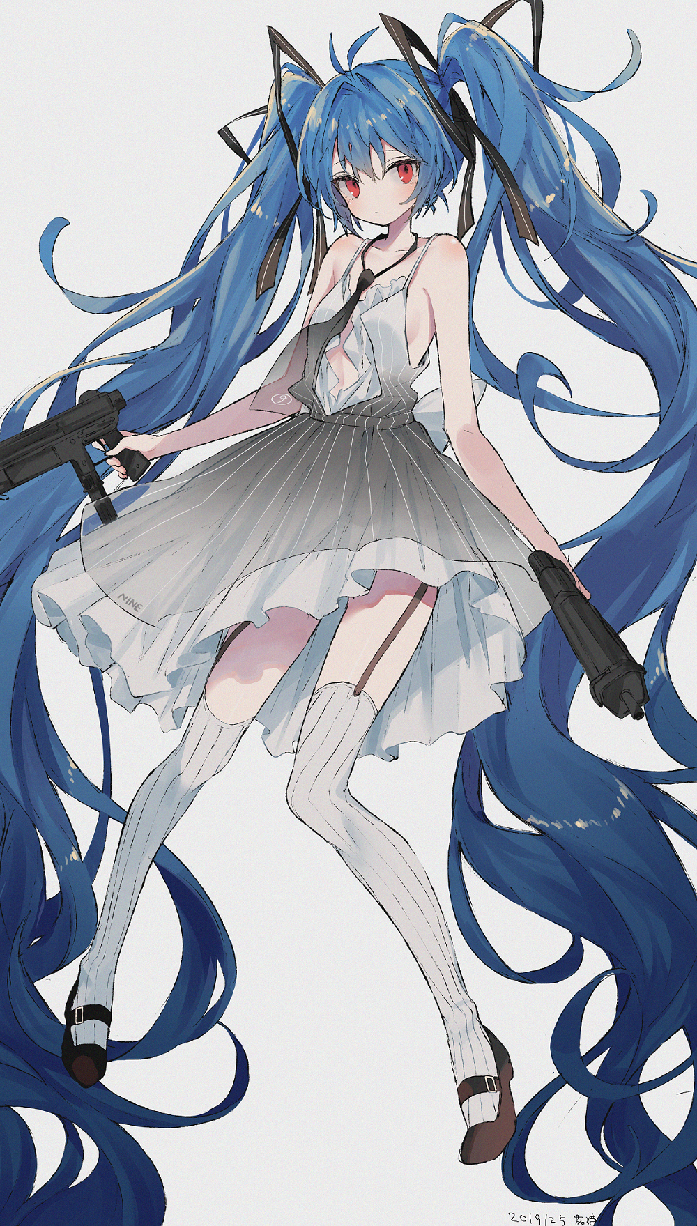 1girl absurdly_long_hair bangs bare_arms bare_shoulders black_footwear black_neckwear black_ribbon blue_hair blush closed_mouth collarbone dated dress dual_wielding eyebrows_visible_through_hair full_body garter_straps girls_frontline grey_background grey_dress gun hair_between_eyes hair_ornament hair_ribbon highres holding holding_gun holding_weapon long_hair mimelond object_namesake red_eyes ribbed_legwear ribbon see-through shipka_(girls_frontline) shoes simple_background sleeveless sleeveless_dress solo striped submachine_gun twintails vertical-striped_dress vertical_stripes very_long_hair weapon weapon_request white_legwear