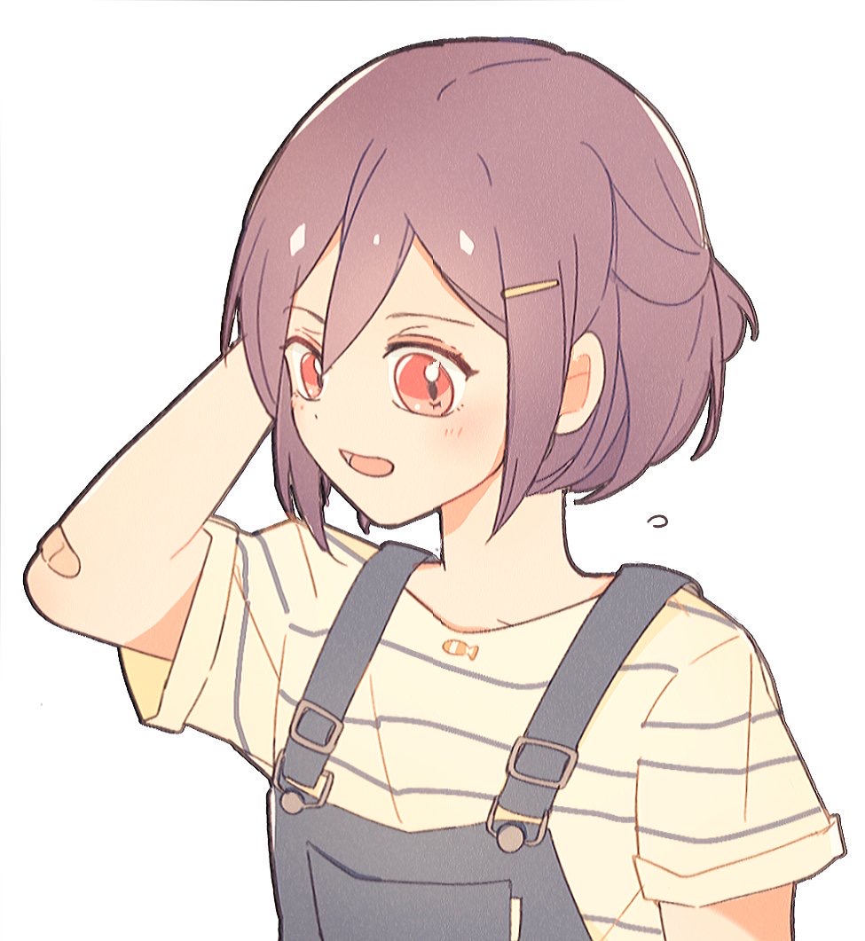 1girl bandaid_on_elbow bang_dream! flying_sweatdrops hair_ornament hairpin half_updo hand_behind_head open_mouth overalls red_eyes seri_(vyrlw) seta_kaoru shirt short_hair short_sleeves simple_background solo striped striped_shirt upper_body white_background younger