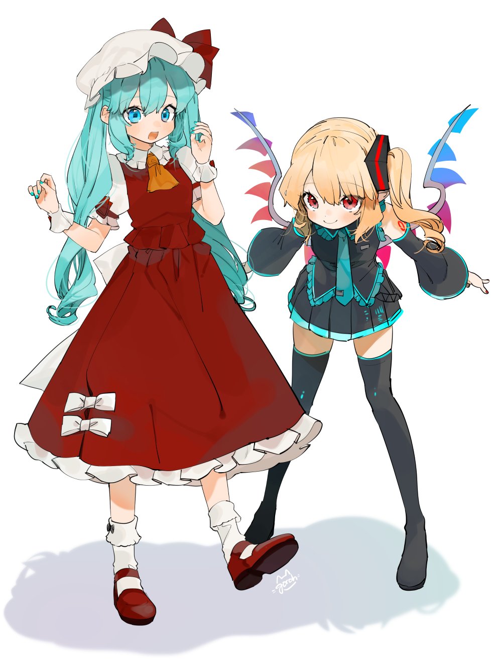 2girls aqua_eyes aqua_hair aqua_nails aqua_neckwear artist_name ascot bangs bare_shoulders black_footwear black_shirt black_skirt blonde_hair blush bobby_socks boots bow commentary cosplay costume_switch detached_sleeves eyebrows_visible_through_hair flandre_scarlet flandre_scarlet_(cosplay) frilled_shirt_collar frills full_body gotoh510 hands_up hat hat_bow hatsune_miku hatsune_miku_(cosplay) highres leaning_forward long_hair long_sleeves looking_at_viewer mary_janes miniskirt mob_cap multiple_girls nail_polish necktie one_side_up open_mouth petticoat pleated_skirt puffy_short_sleeves puffy_sleeves red_bow red_eyes red_footwear red_nails red_skirt red_vest shirt shoes short_sleeves shoulder_tattoo signature simple_background skirt skirt_set sleeveless sleeveless_shirt smile socks tattoo thigh-highs thigh_boots touhou twintails very_long_hair vest vocaloid white_background white_headwear white_legwear white_shirt wide_sleeves wings wrist_cuffs yellow_neckwear zettai_ryouiki