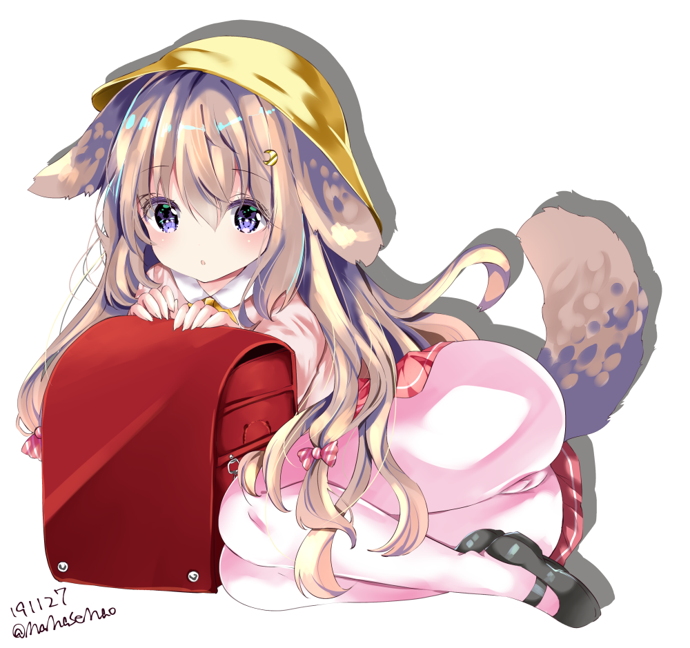 1girl :o animal_ears ass azur_lane backpack bag bangs black_footwear blush brown_hair collared_shirt commentary_request crescent crescent_hair_ornament dated dog_ears dog_girl dog_tail drop_shadow eyebrows_visible_through_hair full_body fumizuki_(kantai_collection) hair_between_eyes hair_ornament hat long_hair looking_at_viewer nanase_nao pantyhose parted_lips pink_legwear pink_shirt pleated_skirt randoseru red_skirt school_hat shirt shoes skirt solo tail twitter_username very_long_hair violet_eyes white_background yellow_headwear