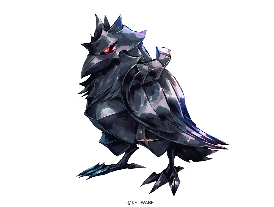 artist_name bird black_bird black_sclera commentary_request corviknight crow full_body gen_8_pokemon kei-suwabe looking_at_viewer no_humans pokemon pokemon_(creature) pokemon_(game) pokemon_swsh red_eyes simple_background standing white_background wings