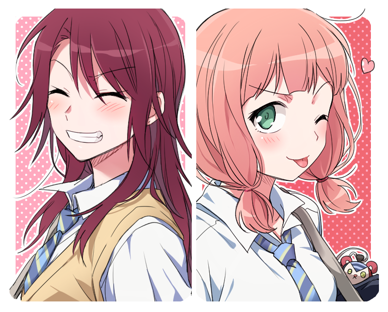 2girls ;p ^_^ bag bag_charm bang_dream! bangs blue_neckwear charm_(object) closed_eyes collared_shirt grin haneoka_school_uniform heart long_hair low_twintails multiple_girls one_eye_closed outline pink_background pink_hair polka_dot polka_dot_background re_ghotion red_background redhead school_bag school_uniform shirt smile striped striped_neckwear sweater_vest tongue tongue_out twintails udagawa_tomoe uehara_himari upper_body v-shaped_eyebrows white_outline white_shirt