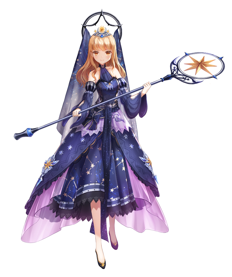 1girl bare_shoulders blue-bow blue_dress brown_eyes brown_hair constellation_print dress dress_bow fantasy full_body headpiece holding long_hair long_skirt long_sleeves lunacle original simple_background skirt staff standing white_background