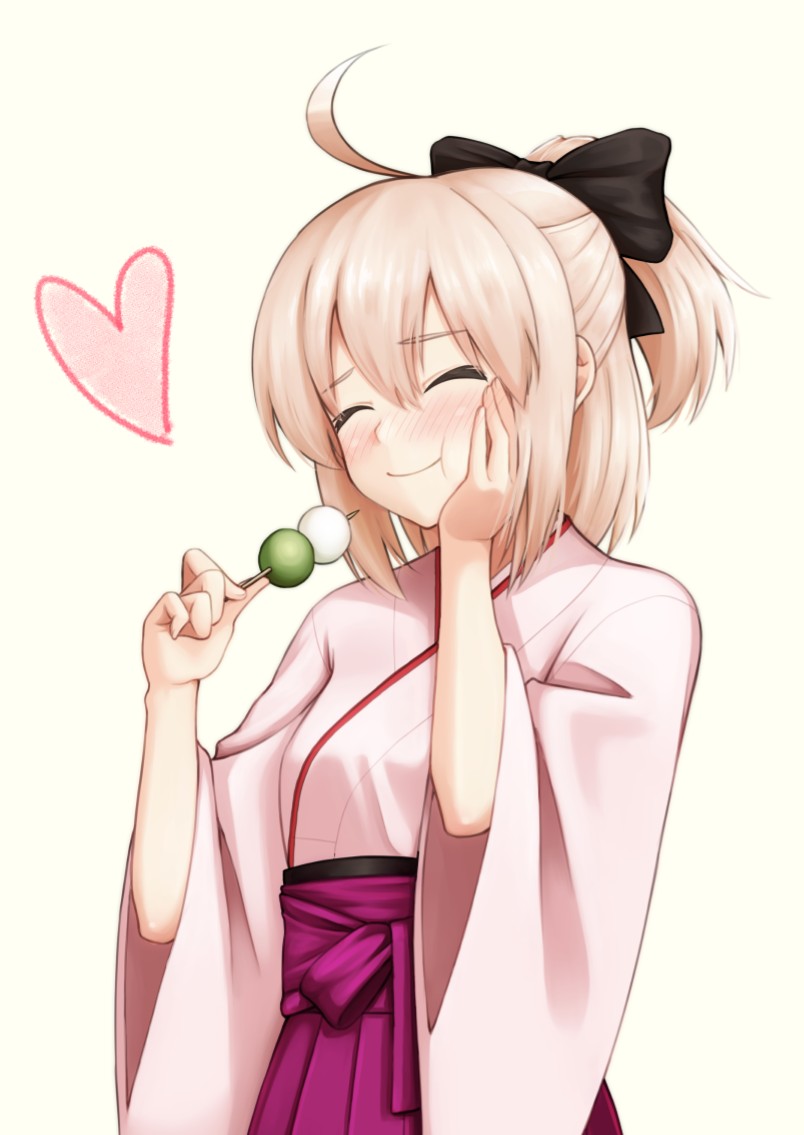 1girl ahoge black_ribbon blush chewing closed_eyes commentary_request dango eating fate/grand_order fate_(series) food hair_ribbon hakama half_updo heart japanese_clothes kimono koha-ace okita_souji_(fate) okita_souji_(fate)_(all) pink_kimono platinum_blonde_hair ribbon ruka_(piyopiyopu) short_hair simple_background skewer smile solo upper_body wagashi wide_sleeves