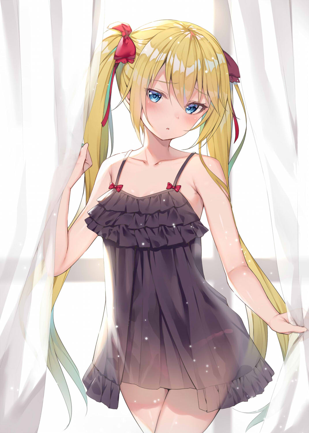1girl alexmaster bare_arms bare_shoulders black_dress blonde_hair blue_eyes bow collarbone commentary_request cowboy_shot curtains dress frilled_dress frills hair_bow highres holding long_hair looking_at_viewer original parted_lips red_bow see-through sidelocks sleeveless sleeveless_dress solo spaghetti_strap twintails very_long_hair