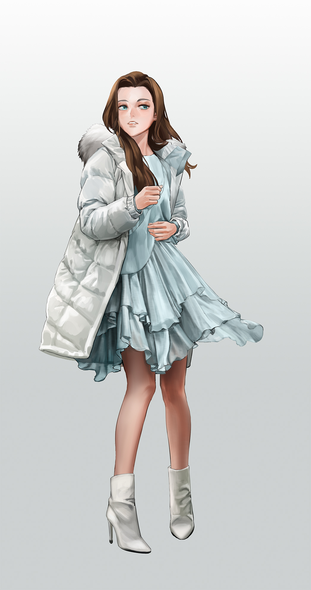 1girl blue_dress blue_eyes brown_hair dress full_body grey_background high_heels highres kkulppangg long_hair long_sleeves looking_at_viewer original parted_lips solo standing white_coat white_footwear