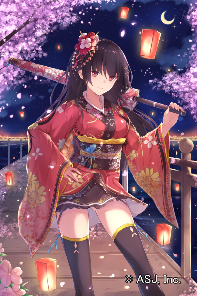 1girl black_legwear blush breasts fuuro_(johnsonwade) hair_ornament japanese_clothes jikuu_haouden kimono kimono_skirt long_hair moon night official_art oriental_umbrella original petals red_eyes skirt umbrella very_long_hair yozakura_(senran_kagura)