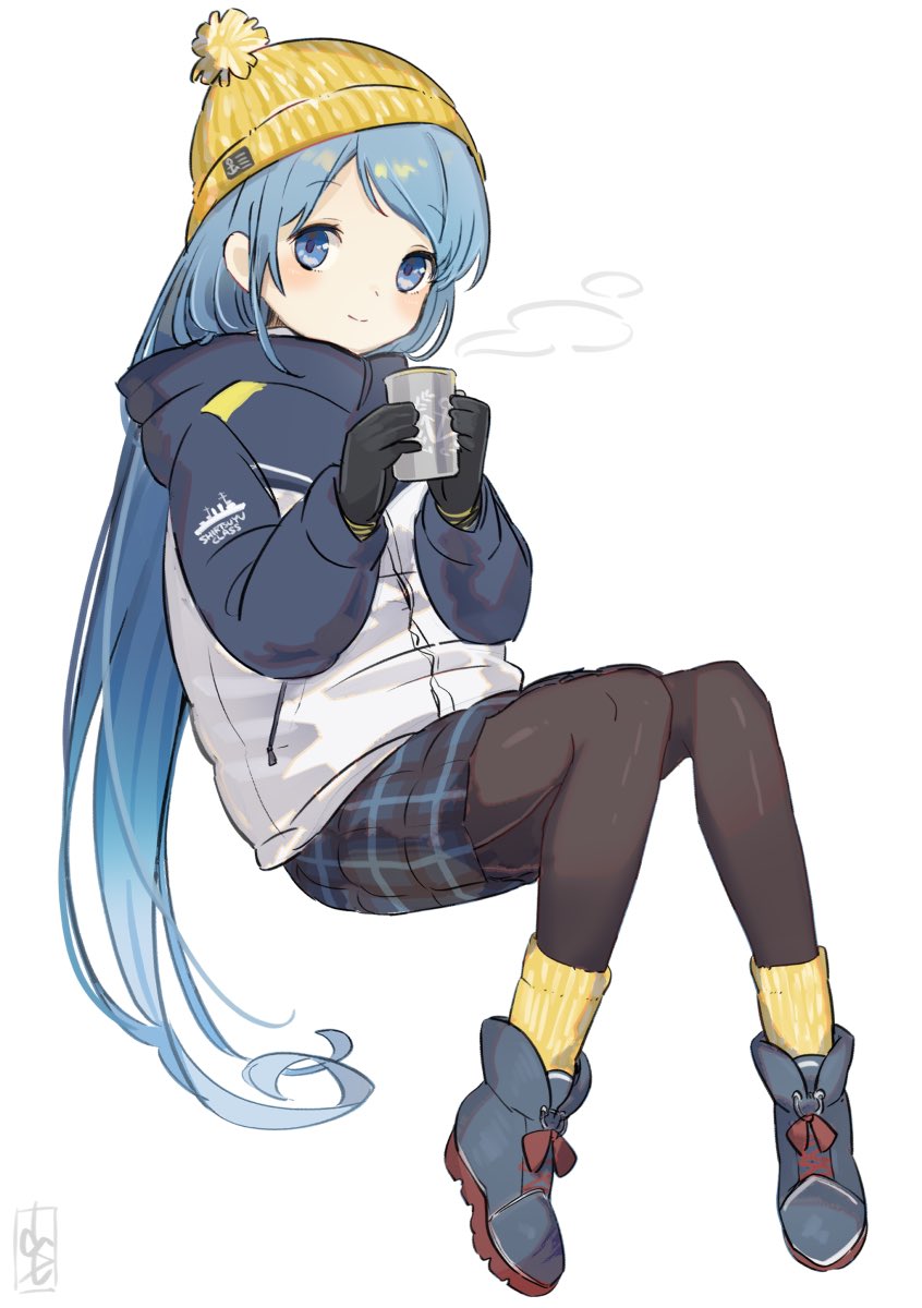 1girl alternate_costume bangs beanie black_footwear black_legwear blue_eyes blue_hair commentary_request cup full_body gradient_hair hat highres invisible_chair kantai_collection long_hair looking_at_viewer mug multicolored_hair pantyhose plaid plaid_skirt samidare_(kantai_collection) shoes simple_background sitting skirt sneakers solo swept_bangs two-tone_jacket very_long_hair white_background winter_clothes yamashiki_(orca_buteo) yellow_headwear