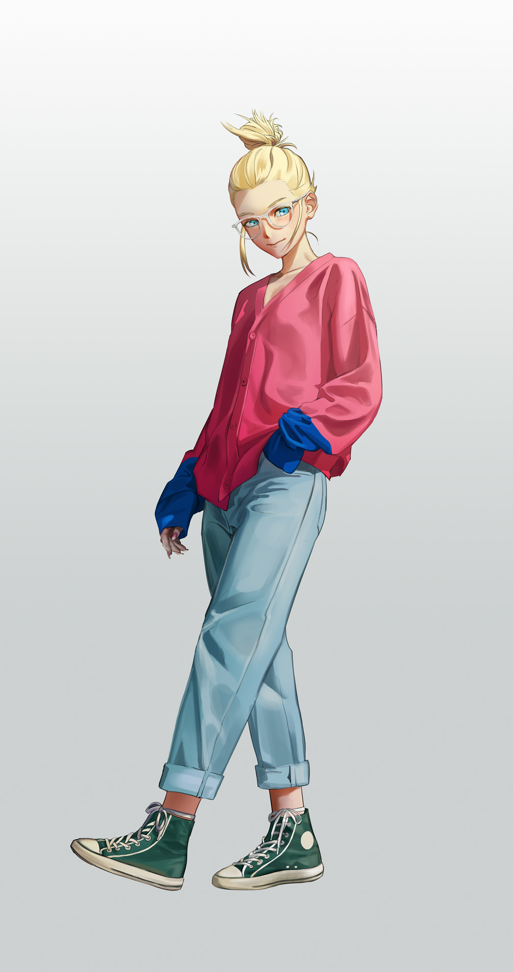 1girl blue_eyes blue_pants glasses hair_up hand_in_pocket highres kkulppangg looking_at_viewer original pants pink_nails pink_shirt shirt shoes short_hair simple_background sneakers solo standing white-framed_eyewear