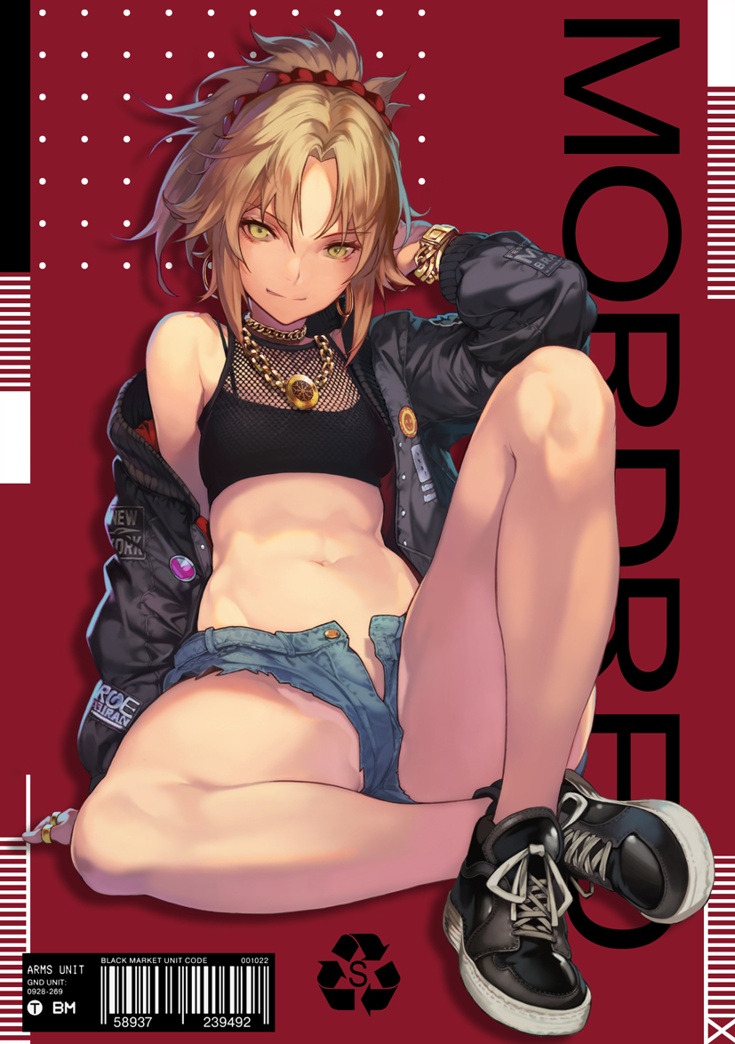 1girl arm_up bangs barcode bare_legs black_footwear black_jacket bracelet chain character_name crop_top denim denim_shorts earrings fate/apocrypha fate_(series) fishnets full_body green_eyes hair_ornament hair_scrunchie hoop_earrings jacket jewelry knee_up long_sleeves mordred_(fate) mordred_(fate)_(all) navel necklace off_shoulder oneko open_clothes open_fly open_jacket open_shorts parted_bangs parted_lips ponytail red_background ring scrunchie shoes short_hair short_shorts shorts sidelocks single_bare_shoulder sitting smile sneakers solo stomach unbuttoned v-shaped_eyebrows