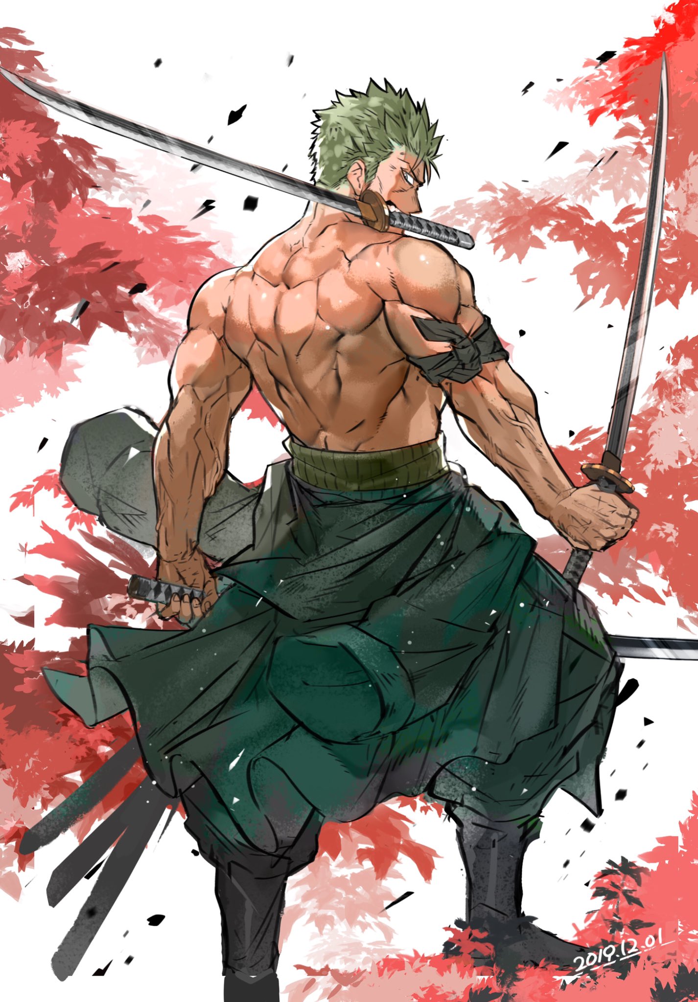 1boy back boots earrings fighting_stance green_hair highres japanese_clothes jewelry katana kimono leaf looking_at_viewer male_focus muscle one_piece open_mouth roronoa_zoro shirtless solo sousuke000 sword toned toned_male veins weapon yukata