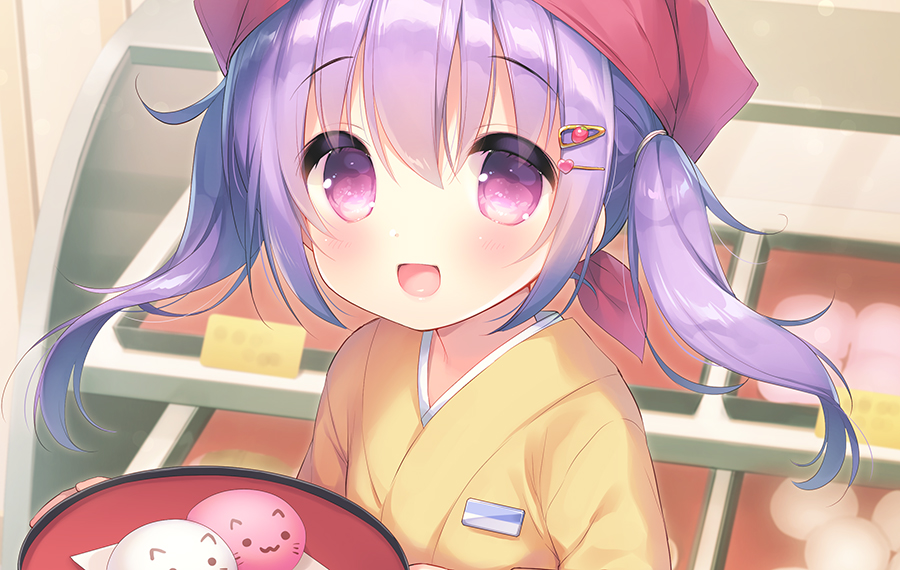 1girl :d bangs blush commentary_request eyebrows_visible_through_hair food hair_between_eyes hair_ornament hairclip head_scarf heart heart_hair_ornament holding holding_tray indoors japanese_clothes kimono long_hair looking_at_viewer open_mouth original purple_hair sidelocks smile solo tray twintails upper_body usashiro_mani violet_eyes yellow_kimono