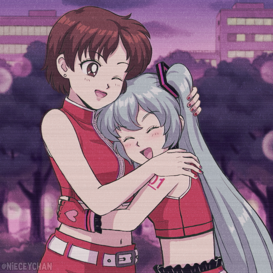 2girls anime_coloring aqua_hair arms_around_waist bare_shoulders belt blush brown_eyes brown_hair city closed_eyes commentary crop_top earrings english_commentary fingerless_gloves frilled_skirt frills gloves hand_on_another's_head hand_on_another's_shoulder hatsune_miku heart heart_print hug jewelry lipstick long_hair makeup meiko midriff multiple_girls mutual_hug nail_polish navel nieceychan one_eye_closed open_mouth outdoors red_gloves red_nails red_shirt red_skirt retro scanlines shirt short_hair shoulder_tattoo skirt sleeveless sleeveless_shirt smile tattoo tree twilight twintails upper_body very_long_hair vocaloid zipper