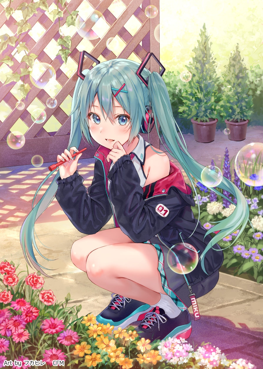 1girl aqua_eyes aqua_hair bubble bubble_blowing character_name commentary_request flower fukahire_(ruinon) hair_between_eyes hatsune_miku headphones highres jacket long_hair looking_at_viewer nail_polish off_shoulder outdoors plant potted_plant shoes skirt sneakers solo squatting twintails very_long_hair vocaloid