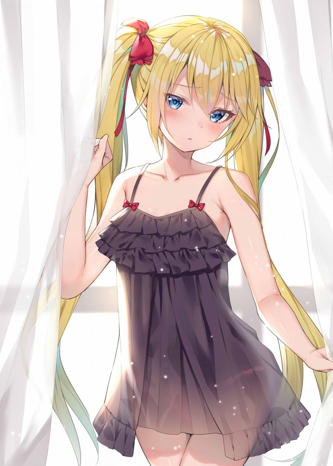 1girl :o alexmaster bangs bare_arms bare_shoulders black_dress blonde_hair blue_eyes blue_hair blush bow collarbone commentary_request cowboy_shot curtains dress eyebrows_visible_through_hair frilled_dress frills gradient_hair hair_between_eyes hair_bow hand_up highres holding lingerie long_hair looking_at_viewer multicolored_hair negligee original parted_lips red_bow see-through sidelocks sleeveless sleeveless_dress solo spaghetti_strap transparent twintails underwear very_long_hair