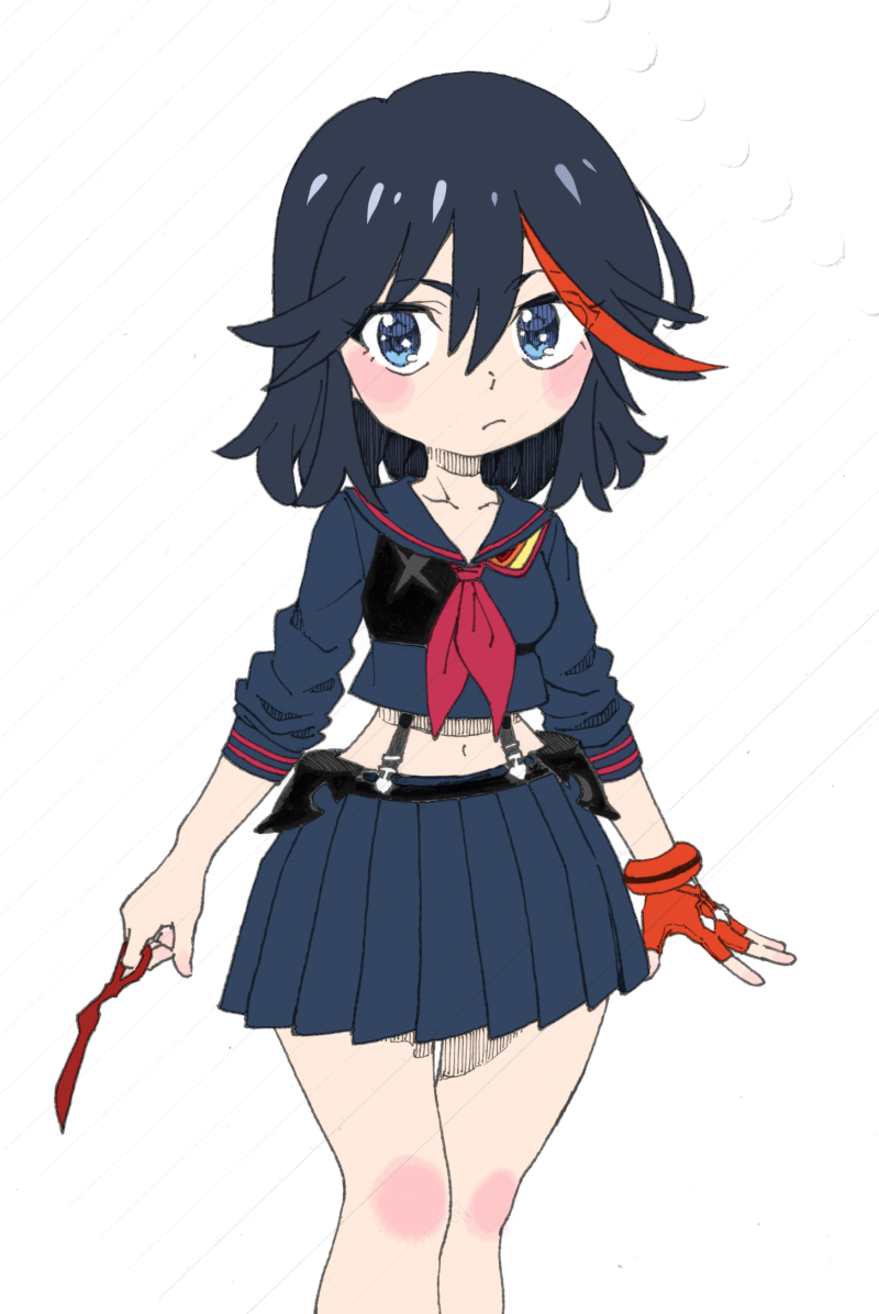 black_hair blush hair_between_eyes highlights hinshi_(user_xgtg4234) kill_la_kill looking_at_viewer matoi_ryuuko midriff multicolored_hair navel pleated_skirt redhead school_uniform scissor_blade serafuku short_hair skirt streaked_hair suspenders