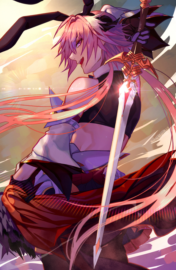 1boy animal_ears astolfo_(fate) astolfo_(saber)_(fate) commentary_request cosplay crop_top detached_sleeves fake_animal_ears fang fate/grand_order fate_(series) fingerless_gloves from_behind gloves hairband holding holding_sword holding_weapon long_hair looking_back low_twintails marchab_66 open_mouth otoko_no_ko pink_eyes pink_hair rabbit_ears smile solo sword twintails twitter_username weapon