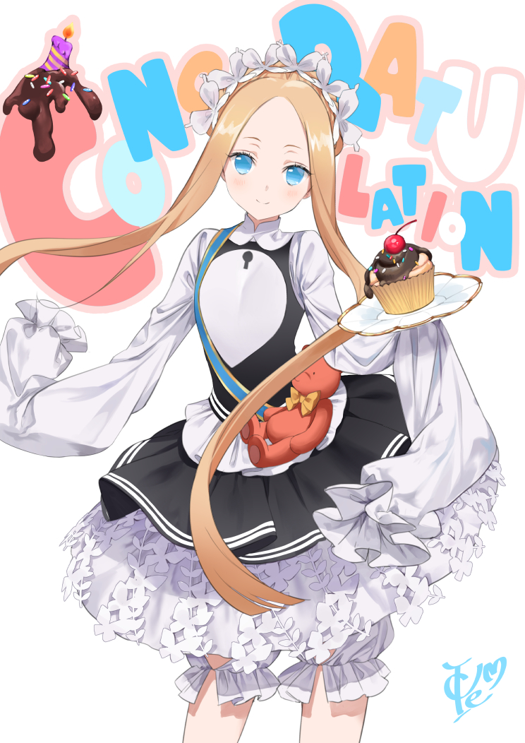 1girl abigail_williams_(fate/grand_order) bangs black_skirt blonde_hair blue_eyes blush braid breasts candle cherry cupcake dress fate/grand_order fate_(series) food forehead french_braid frills fruit heroic_spirit_festival_outfit ice_(ice_aptx) keyhole long_hair long_sleeves looking_at_viewer maid_headdress parted_bangs plate sash simple_background skirt small_breasts smile solo stuffed_animal stuffed_toy teddy_bear white_background white_bloomers white_dress