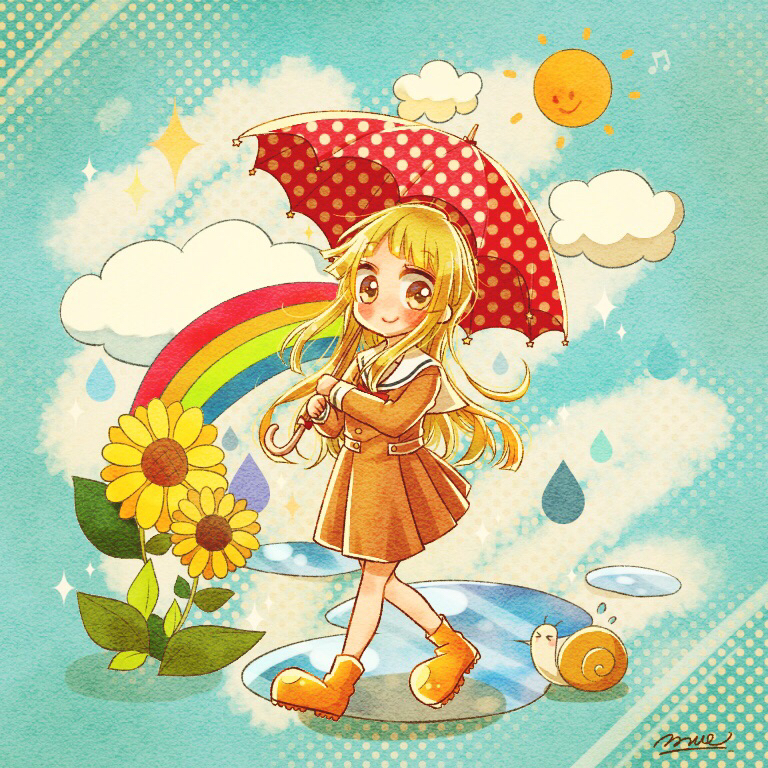 &gt;_&lt; 1girl bang_dream! blonde_hair blush boots brown_dress clouds commentary_request dress faux_traditional_media flower hanasakigawa_school_uniform holding holding_umbrella long_hair long_sleeves looking_at_viewer pleated_dress polka_dot polka_dot_umbrella puddle rain rainbow ruppi_ko sailor_dress school_uniform signature smile snail solo sparkle sun sunflower tsurumaki_kokoro umbrella walking yellow_eyes