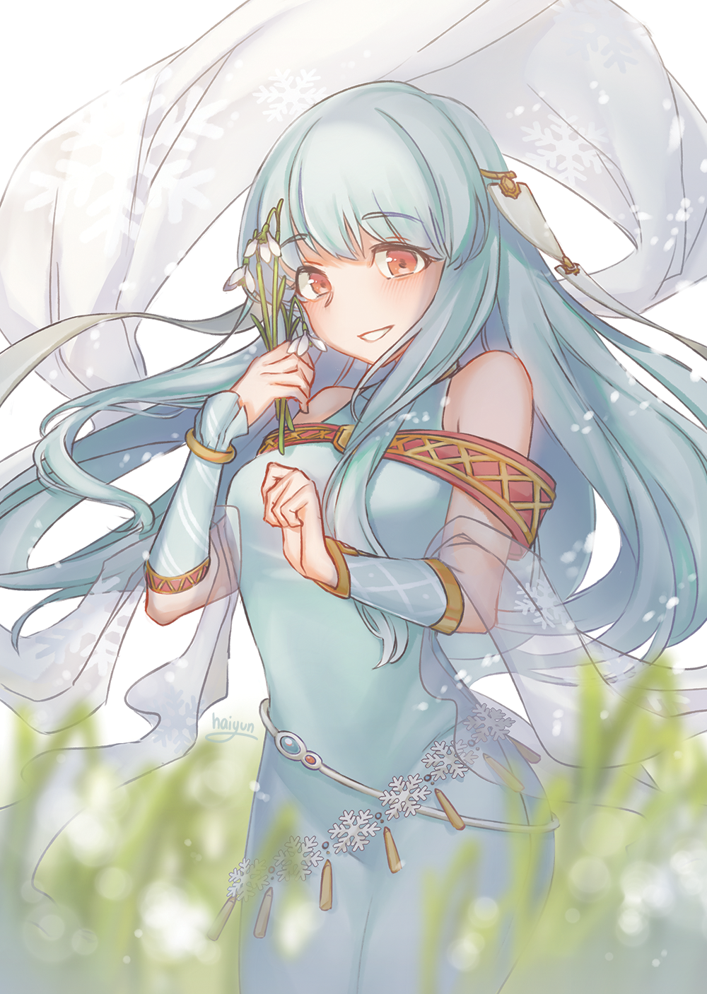 1girl aqua_dress aqua_hair artist_name bangs blush dress fire_emblem fire_emblem:_the_blazing_blade fire_emblem_heroes flower grass hair_ornament haiyun highres holding holding_flower long_hair looking_at_viewer ninian_(fire_emblem) orange_eyes shawl simple_background smile snowflakes solo white_flower