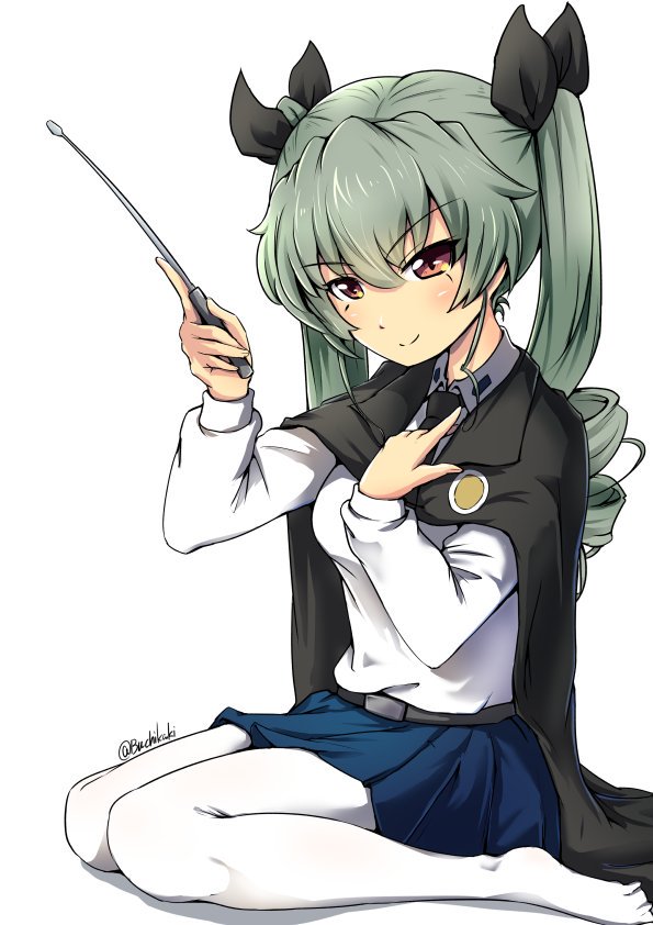 1girl anchovy anzio_school_uniform bangs belt black_belt black_cape black_neckwear black_ribbon black_skirt buchikaki cape closed_mouth commentary dress_shirt drill_hair eyebrows_visible_through_hair girls_und_panzer green_hair hair_ribbon hand_on_own_chest holding long_hair long_sleeves looking_at_viewer miniskirt necktie no_shoes pantyhose pleated_skirt red_eyes ribbon riding_crop school_uniform shadow shirt simple_background skirt smile solo twin_drills twintails twitter_username white_background white_legwear white_shirt